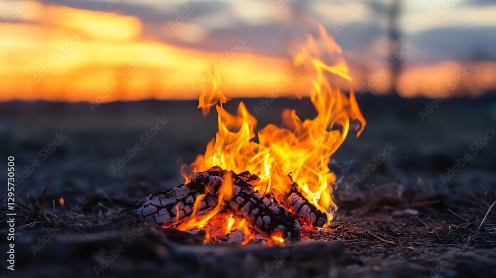Poster captivating flames dancing from burning logs during a serene sunset creating a warm and cozy atmosph