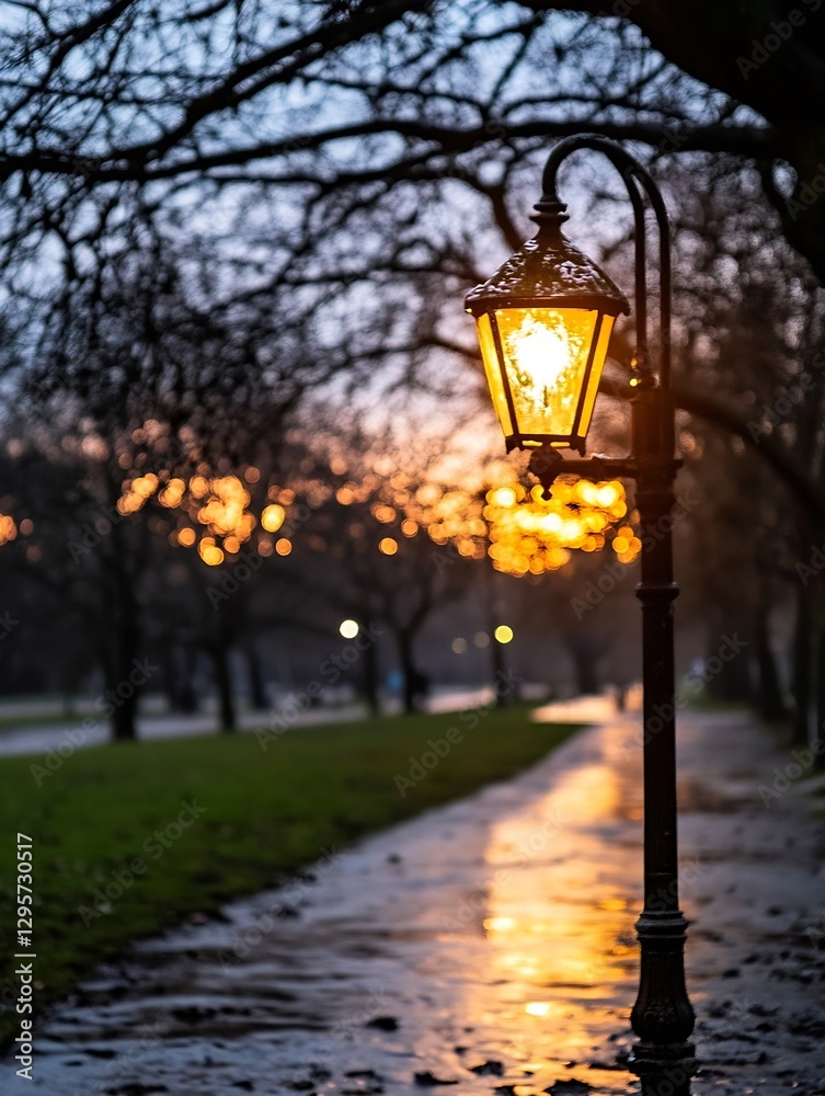 Poster beautifully illuminated street lamp casting a warm glow during sunset in a tranquil park setting : g