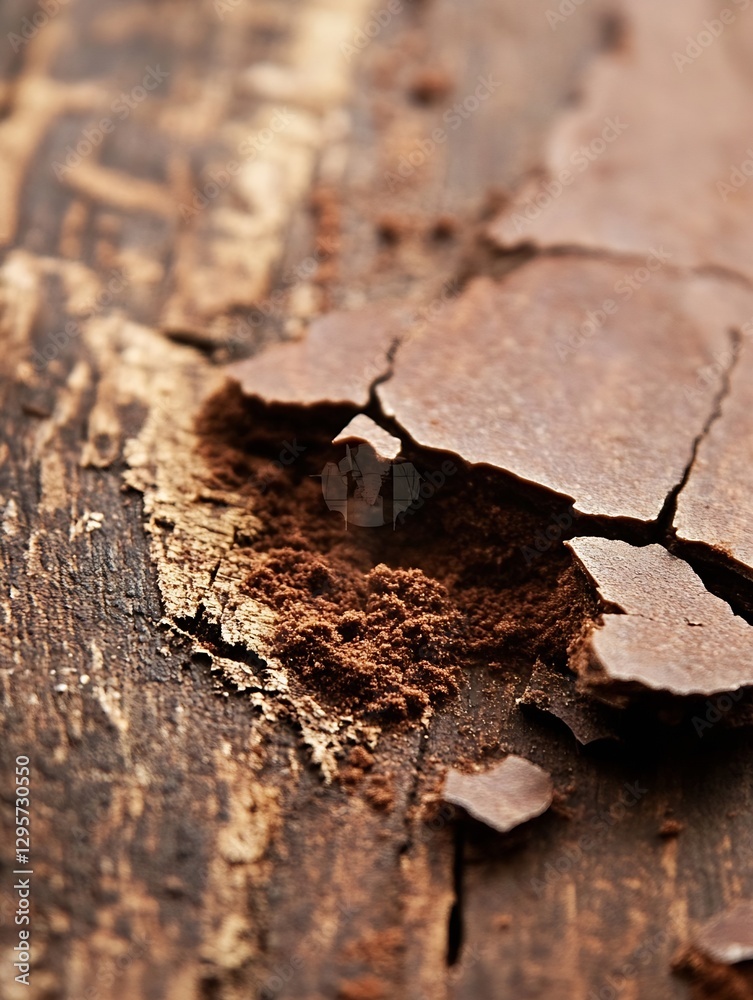 Aufkleber rich cocoa powder scattered on rustic wooden table surface for baking or cooking : generative ai