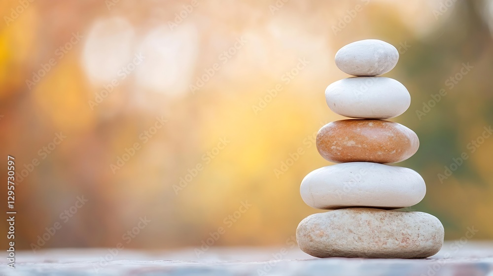 Poster an artistic arrangement of stacked stones symbolizing balance and tranquility in nature : generative