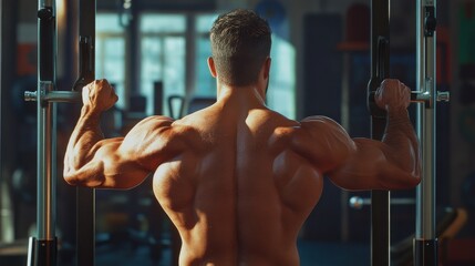 A muscular man exercising on a gym machine, showcasing his broad back and defined muscles.