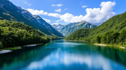 Fototapeta premium Breathtaking Mountain Lake Surrounded by Lush Green Forests and Majestic Peaks Under Bright Blue Sky : Generative AI