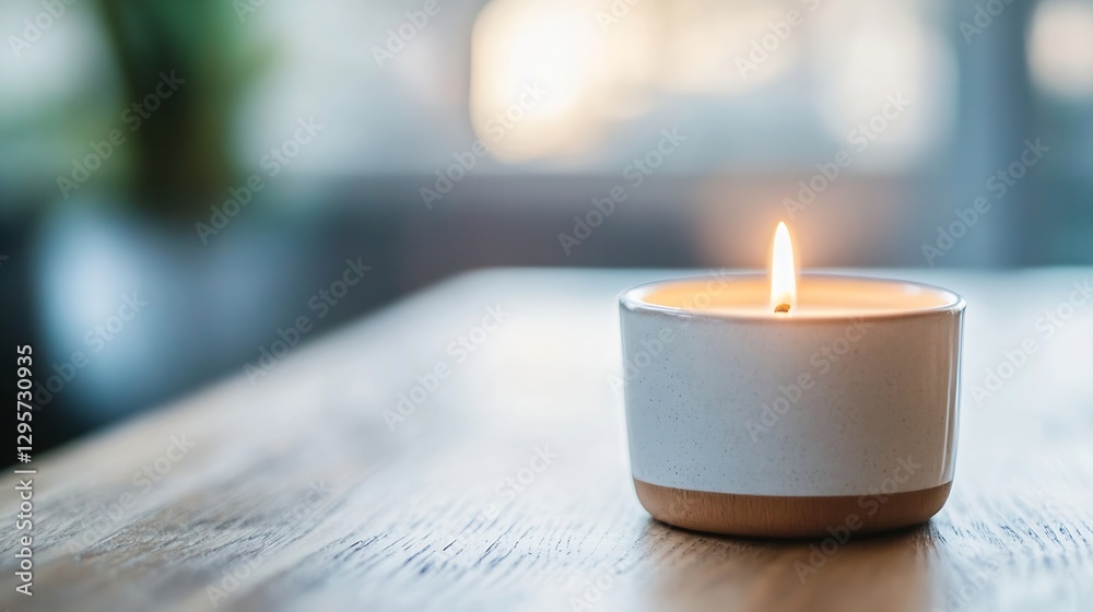 Poster Sleek and modern decorative candle glowing softly on a wooden table in a cozy ambient setting : Generative AI