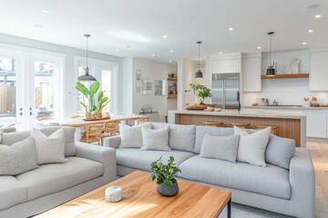 Modern open-concept living area with kitchen, patio view, and natural light