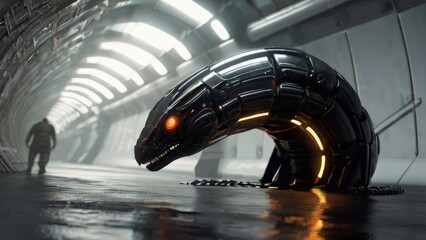 Futuristic Robotic Serpent Emerging from Industrial Tunnel with Glowing Red Eyes and Orange Light