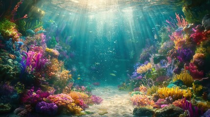 Naklejka premium Vibrant Coral Reef Underwater Scene with Sunbeams