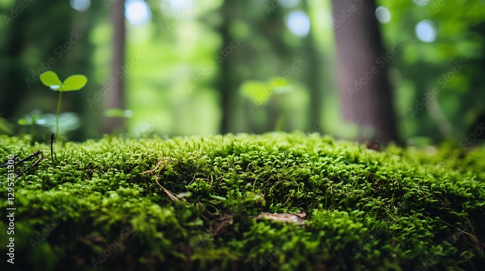 Poster lush green moss covering the forest floor with small plants creating a vibrant ecosystem of life : g