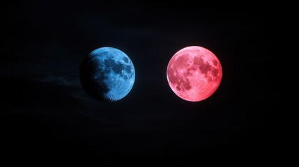 Two differently colored moons are positioned against a dark background