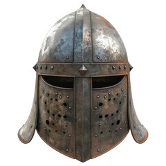A detailed close-up of a medieval knight's helmet showcasing its intricate design and weathered texture.
