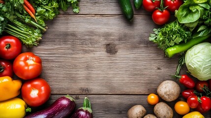 Freshly harvested colorful vegetables arranged beautifully on rustic wooden background : Generative AI