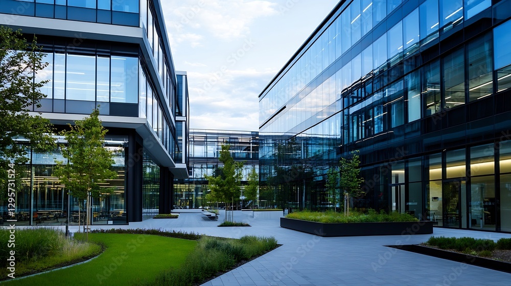 Poster contemporary office complex with large glass windows showcasing modern architecture and green landsc
