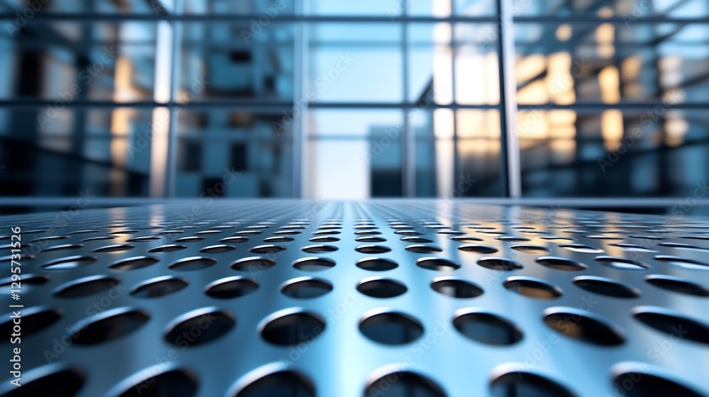 Poster contemporary metal surface with perforated design reflecting modern architecture and light : generat