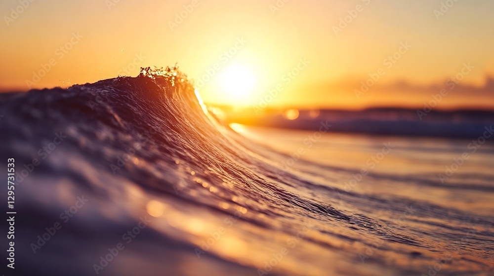 Poster waves crashing against the shore illuminated by the warm glow of a vibrant sunset highlighting the h