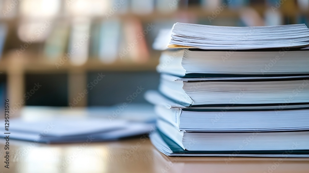 Poster stack of unread papers in a study space represents academic challenge and learning : generative ai