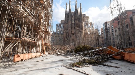 Fototapeta premium A photo of the Sagrada Familia cathedral in Barcelona Spain unfinished and covered in ash and overgrown vines with broken and precariously hanging scaffolding