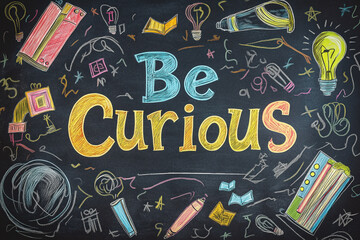 Chalkboard background with inspiring colorful artwork featuring motivational message 'be curious'.