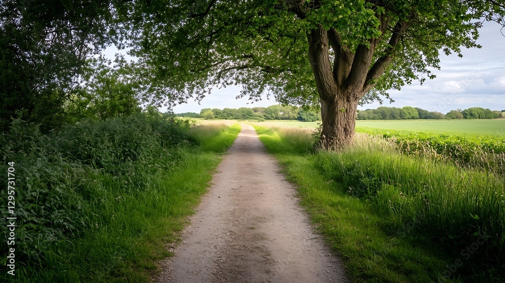 Poster tranquil dirt path through lush greenery and trees under a bright sky : generative ai