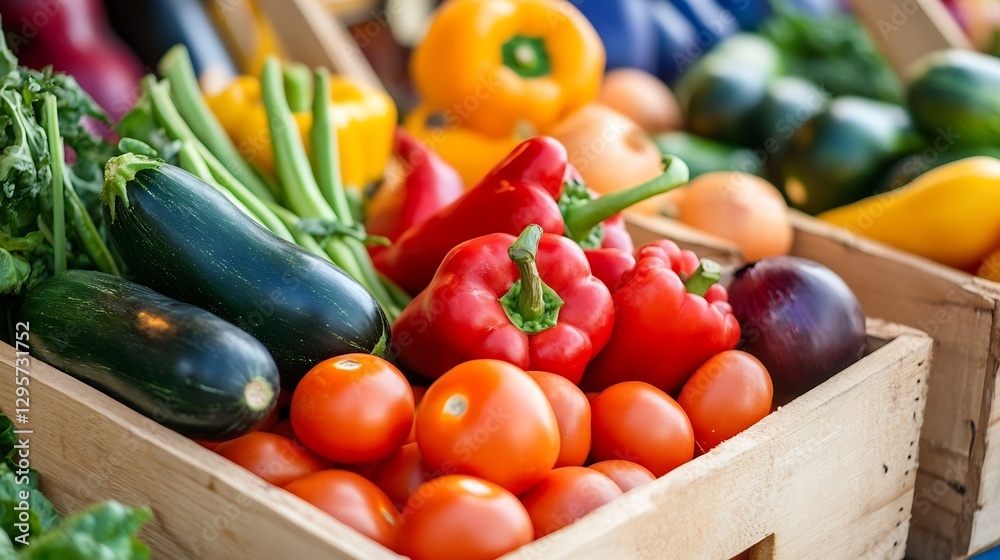 Aufkleber fresh colorful vegetables on display in wooden crates at a vibrant farmers market : generative ai