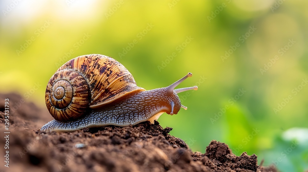 Poster an exquisite closeup shot of a snail slowly climbing a dirt mound in a vibrant green setting : gener