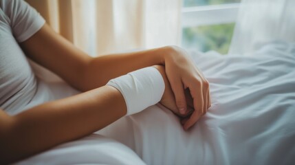 A person with an elbow injury using a bandage in a minimalist bedroom. Featuring support and rehabilitation