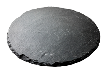 Round black slate serving plate, isolated on transparent cutout background