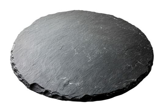 Round black slate serving plate, isolated on transparent cutout background