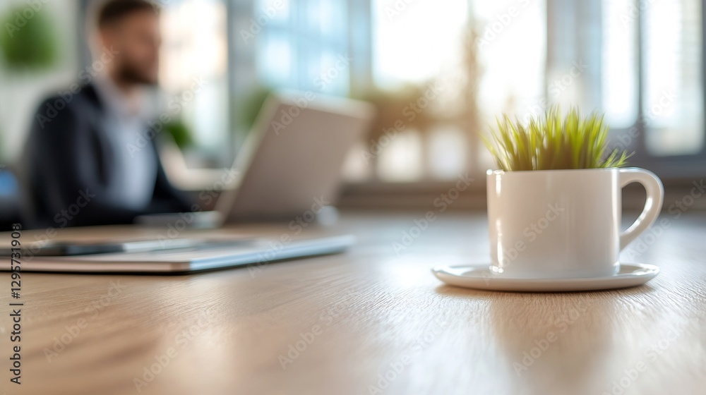 Poster A serene workspace featuring a coffee cup and a small plant with a blurred professional in the background : Generative AI