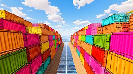 Vibrant Colorful Shipping Containers Forming Pathway Under Bright Blue Sky