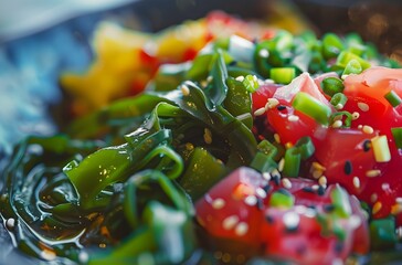 Vibrant Wakame Poke Bowl with Fresh Toppings in Soft Lighting