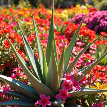 Aloe vera plant with flowers in a sunny garden, colorful, bloom, landscape