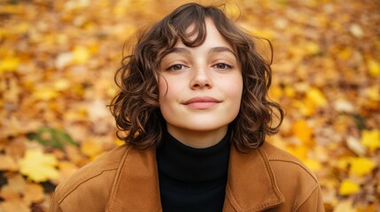 Fototapeta premium Young Woman Smiling Amidst Autumn Leaves