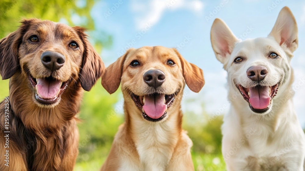 Poster joyful trio of smiling dogs basking in the sunlight against a clear blue sky creating a heartwarming