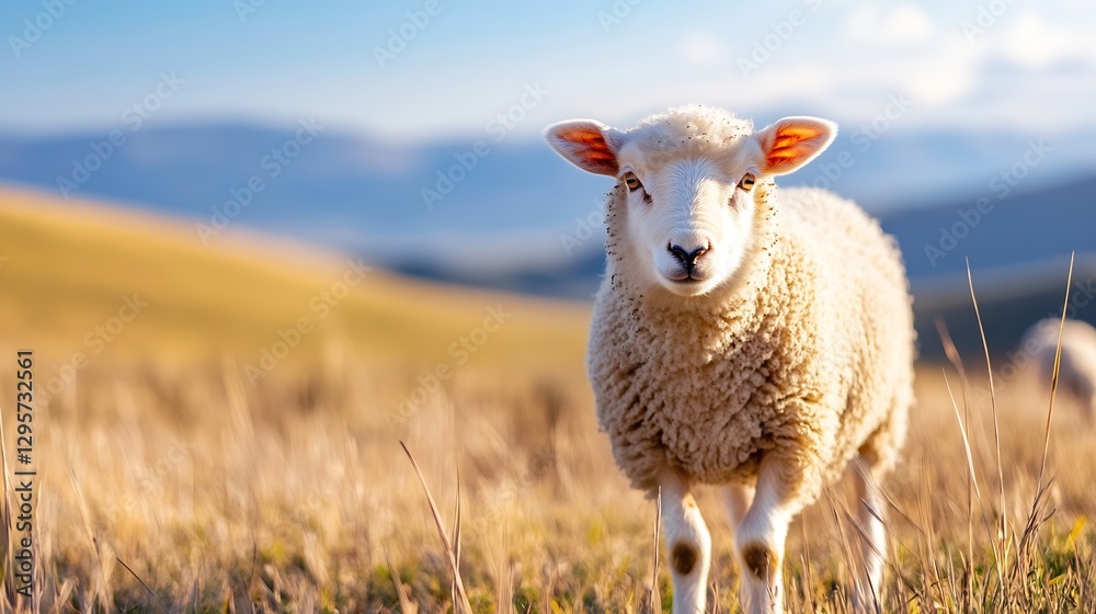 Poster playful image of a sheep wandering in a scenic highland meadow showing stunning distant mountainous 