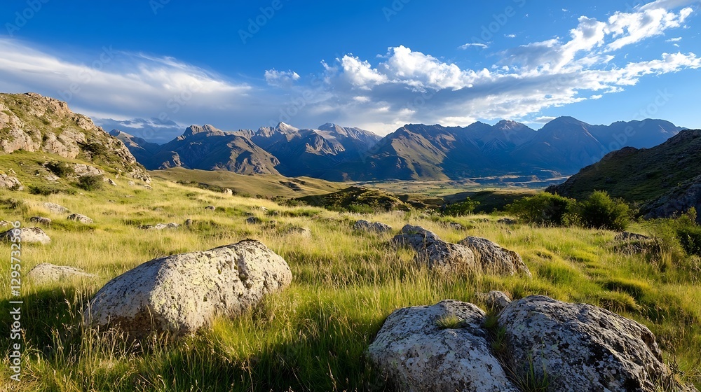 Aufkleber stunning panoramic view of mountains under a vibrant blue sky with fluffy clouds and grassy foregrou