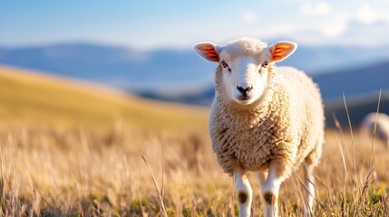 Obraz premium Playful image of a sheep wandering in a scenic highland meadow showing stunning distant mountainous backdrop : Generative AI