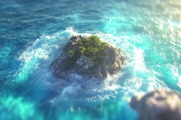 Obraz premium Small island oasis surrounded vibrant ocean waves