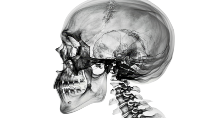 Human skull x-ray showing cervical spine on transparent background
