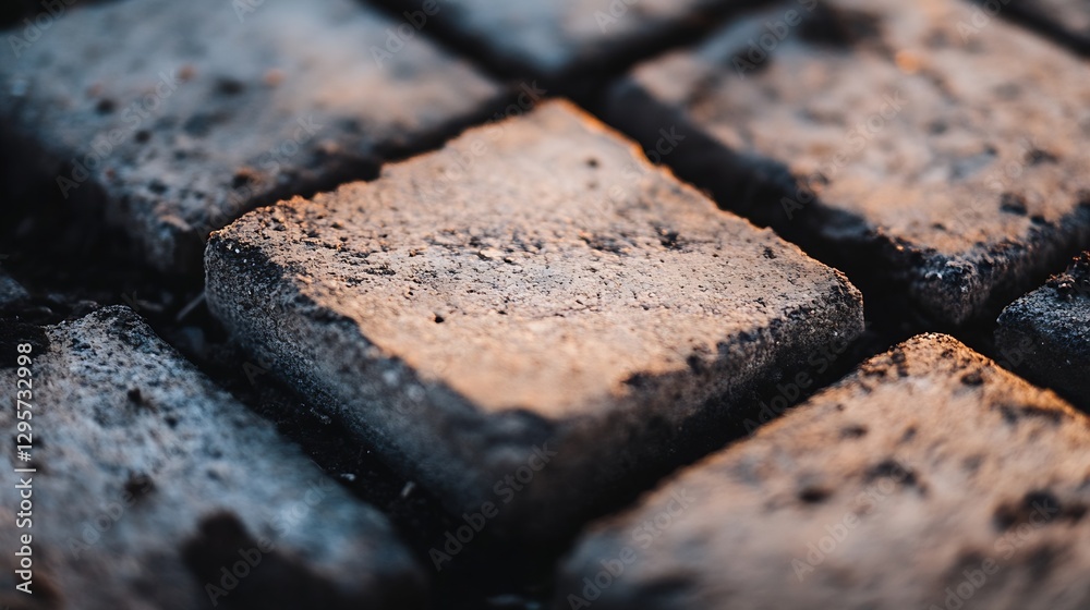 Aufkleber CloseUp View of Textured and Weathered Stone Paving Blocks with Natural Light Reflection : Generative AI