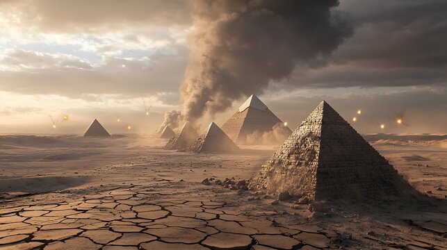 Apocalyptic Shroud Over the Ancient Pyramids of Giza in a Desolate Desert Landscape with Cracked Ground Smoke and Distant Explosions