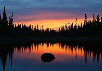 Naklejka premium Serene Sunset Reflection Over Calm Lake Surrounded by Pine Trees, Vibrant Colors and Tranquil Atmosphere in Nature
