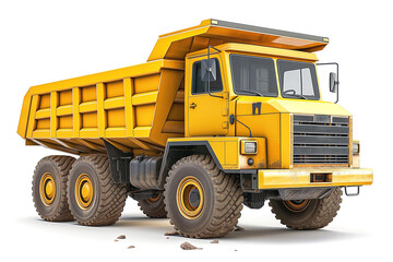 A bright yellow dump truck with large tires, showcasing its robust design for construction and heavy-duty tasks.