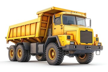 Bright yellow dump truck on a white background, showcasing its sturdy construction and rugged design.
