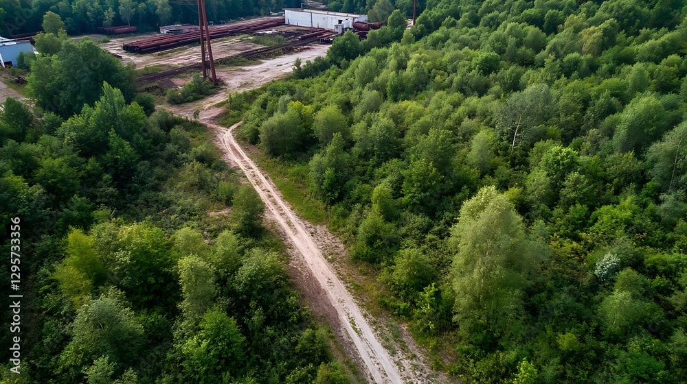 Poster aerial view of lush green forest with winding dirt path and industrial area in the distance : genera
