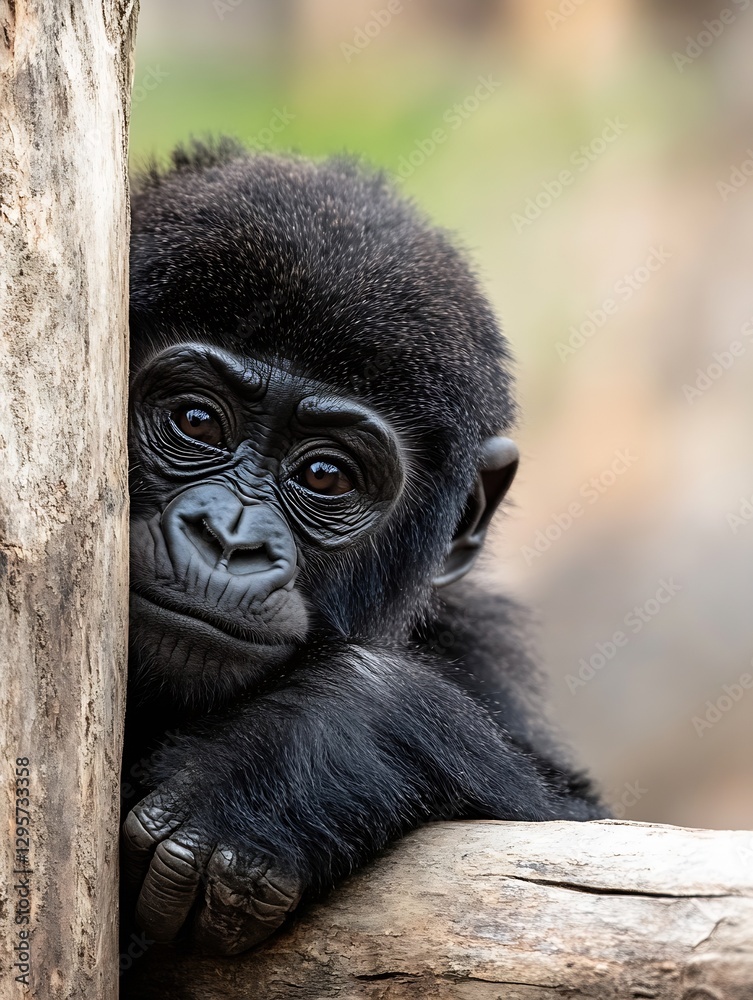 Poster Young Gorilla Peering Around a Tree Trunk with Curious Expression Captured in Nature : Generative AI