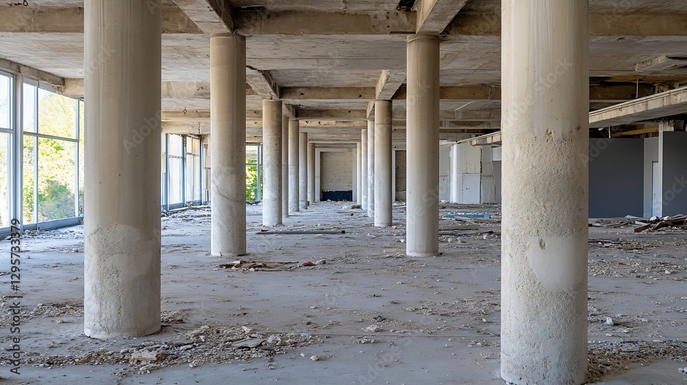 Poster interior of an unfinished building showing concrete pillars and abandoned space : generative ai