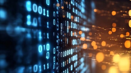 Abstract digital binary code background with glowing lights representing advanced technology and data flow : Generative AI