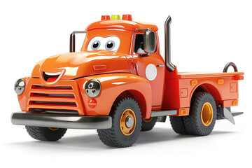 A cheerful orange toy truck with big eyes and a friendly smile, perfect for imaginative play.