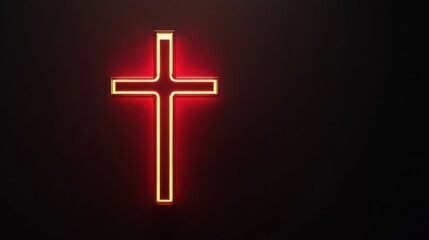 Glowing golden cross with radiant red light on dark background, symbol of faith and hope.