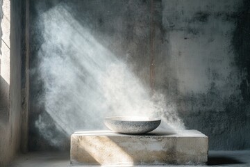 Mystical light illuminating ceramic bowl in minimalist interior