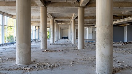 Interior of an unfinished building showing concrete pillars and abandoned space : Generative AI